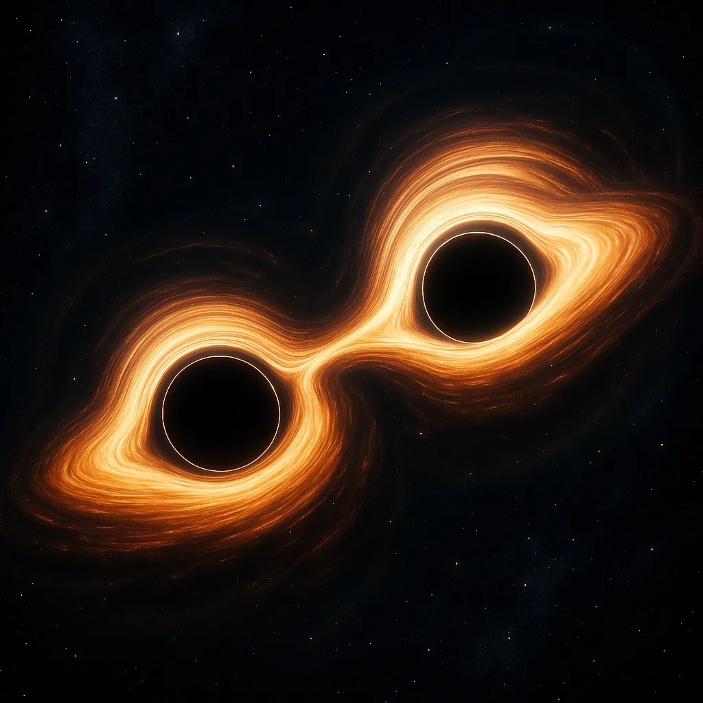 Two black holes with linked accretion disks, locked in orbit.